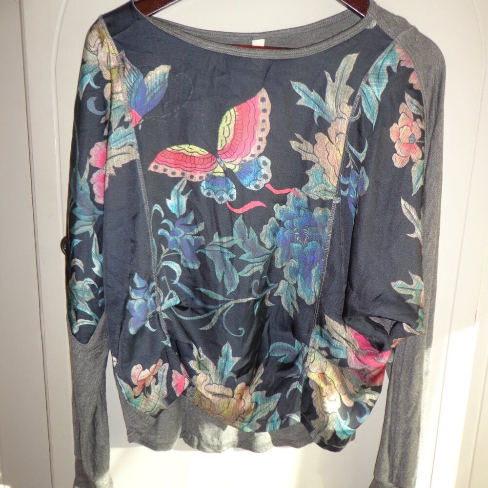 NWT Anthropologie TINY Floral Burnout Top XS Black/Charcoal  Raglan Long Sleeve